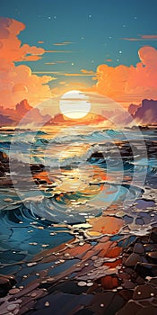 AI generated illustration of a breathtaking view of a beach in the evening, with the sun setting