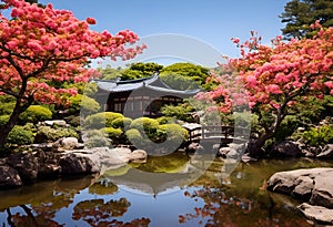 AI generated illustration of a bridge against a traditional temple at a Japanese garden