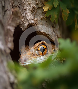 AI generated illustration of a bright frog on a tree trunk, peering out with curious eyes