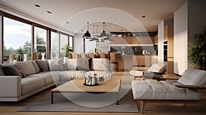 AI generated illustration of a bright and modern living room with white furniture