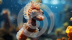 AI generated illustration of a bright orange seahorse swimming underwater