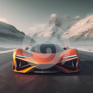 AI generated illustration of A bright orange sports car on a snow-covered road between mountains