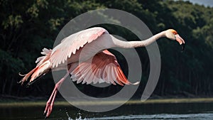 AI generated illustration of a bright pink flamingo in flight above a lake