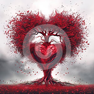 AI generated illustration of a bright red heart-shaped tree with falling leaves