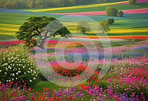 an open field with colorful flowers and trees in the foreground