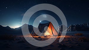 AI generated illustration of a brightly lit canvas tent illuminated by a star-filled night sky