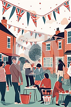 AI generated illustration of a British street party in celebration of the coronation of King Charles in May 2023.
