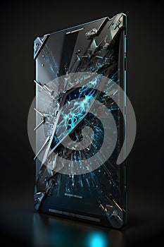 AI generated illustration of a broken glass case illuminated by a vibrant blue light