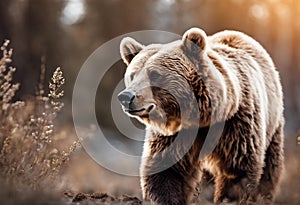 AI generated illustration of a brown bear ambling through a forest meadow