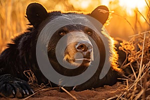 AI generated illustration of A brown bear reclines in a field of grass during a stunning sunset