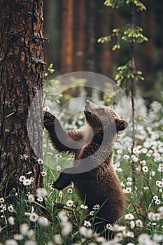 AI generated illustration of a brown bear scratching on tree in a meadow with daisies