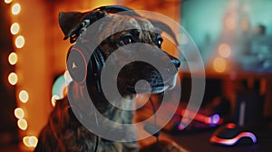 AI generated illustration of a brown dog listening to music with headphones in front of the computer