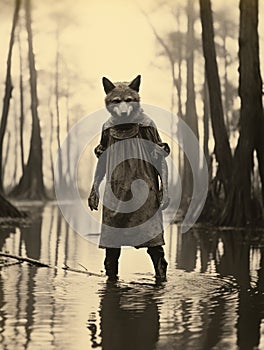 AI-generated illustration of A brown-furred wolf in a tranquil body of water