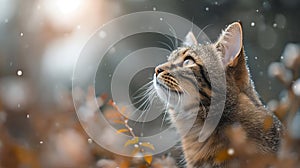 AI generated illustration of a brown tabby cat looking up at the sky