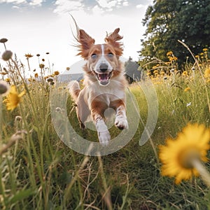 AI generated illustration of a brown and white canine sprints joyfully through a meadow