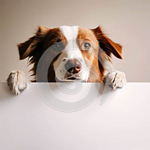 AI-generated illustration of a brown and white dog holding a white sign, with copy space