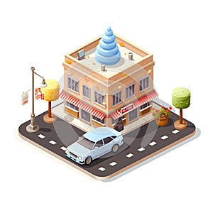 AI generated illustration of a building and a car in a low poly style isolated on a white background