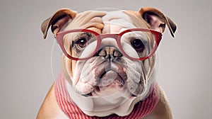 AI generated illustration of a bulldog wearing a red bow tie and glasses with a red frame