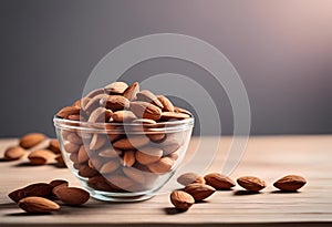 AI-generated illustration of a bunch of almonds neatly arranged in a bowl on a wooden table