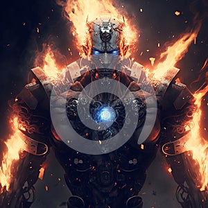 AI generated illustration of a burning Futuristic Robot Soldier with flames