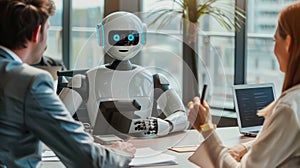 AI-generated illustration of a business meeting with a robot attendee at the table