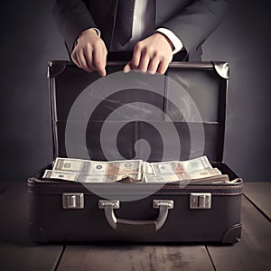 AI generated illustration of a businessman standing confidently against a briefcase with money