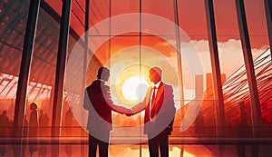 AI generated illustration of businessmen shaking hands in agreement against a vibrant red sunset