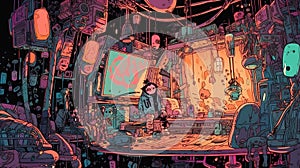 AI generated illustration of a busy working environment with random objects, comic book style