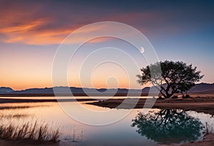 AI generated illustration of a calm sunset over a pond with a single tree and mountains