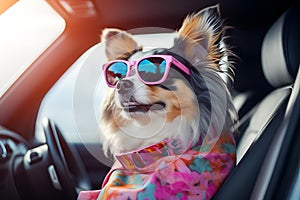 AI generated illustration of a canine companion wearing sunglasses in the driver's seat of a car