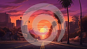 AI generated illustration of a car driving on a street illuminated by the sunset in GTA style
