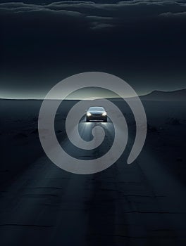 AI generated illustration of a car with lit headlights driving down a road in a desert at night