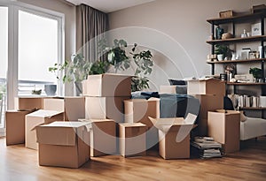 AI generated illustration of cardboard boxes neatly stacked in a living room with open shelves