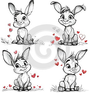 AI generated illustration of cartoon four rabbits with heart-shaped markings