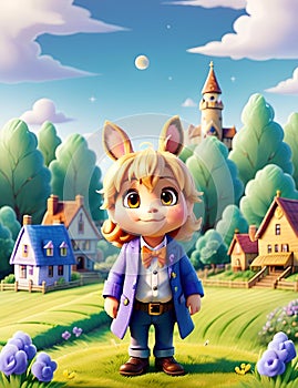 AI generated illustration of a cartoon girl in a field playing an animal crossing game