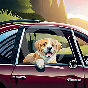 AI generated illustration of a cartoon illustration of a dog looking out of a car window