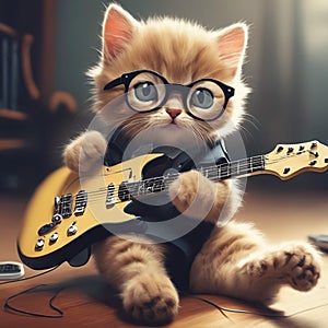 AI generated illustration of a cartoon kitten wearing trendy lasses playing an electric guitar