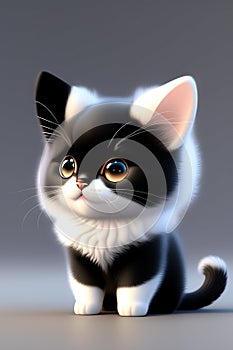 AI generated illustration of a cartoon-like black cat against a grey backgrund