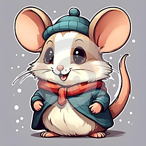 AI generated illustration of a cartoon mouse in the snow wearing a festive hat and coat