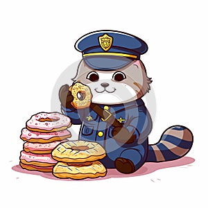 AI generated illustration of a cartoon police cat sitting contentedly in front of a stack of donuts