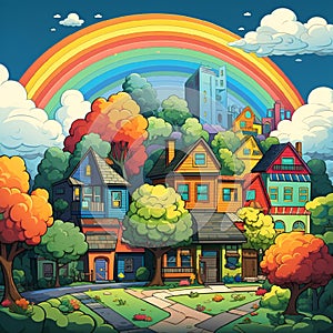 AI generated illustration of cartoon-style houses with a colorful landscape of trees and clouds