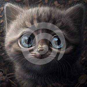 AI generated illustration of a cartoon tabby kitten with bright blue eyes gazing inquisitively