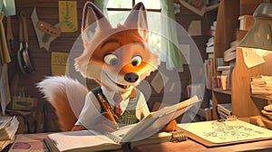 AI generated illustration of a cartoonist fox