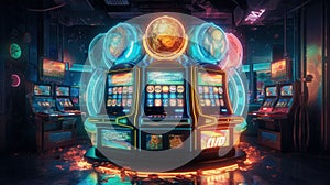 AI generated illustration of casino machines and some glowing neon lights in the dark room