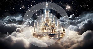 AI generated illustration of castle towers reaching into starry sky with fluffy clouds