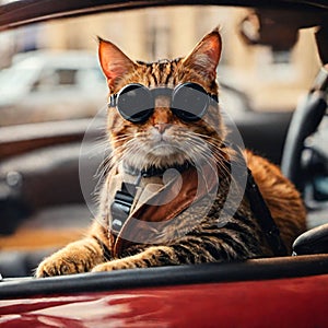AI generated illustration of a cat in fashionable sunglasses inside a car driving on a city street