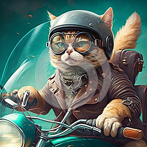 AI generated illustration of a cat in goggles and helmet riding a motorbike