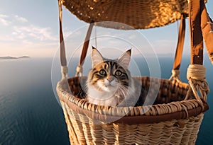 AI generated illustration of a cat inside a cozy basket of a hot air balloon soaring in the sky