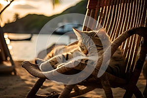 AI generated illustration of a cat napping on a beach chair in the sun