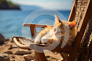 AI generated illustration of a cat napping on a beach chair in the sun